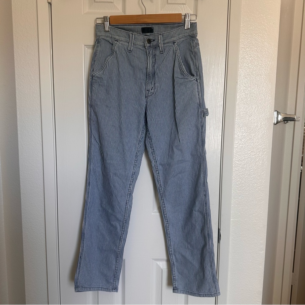 Mother High Waisted Utility Ankle Blue and White Striped Jeans